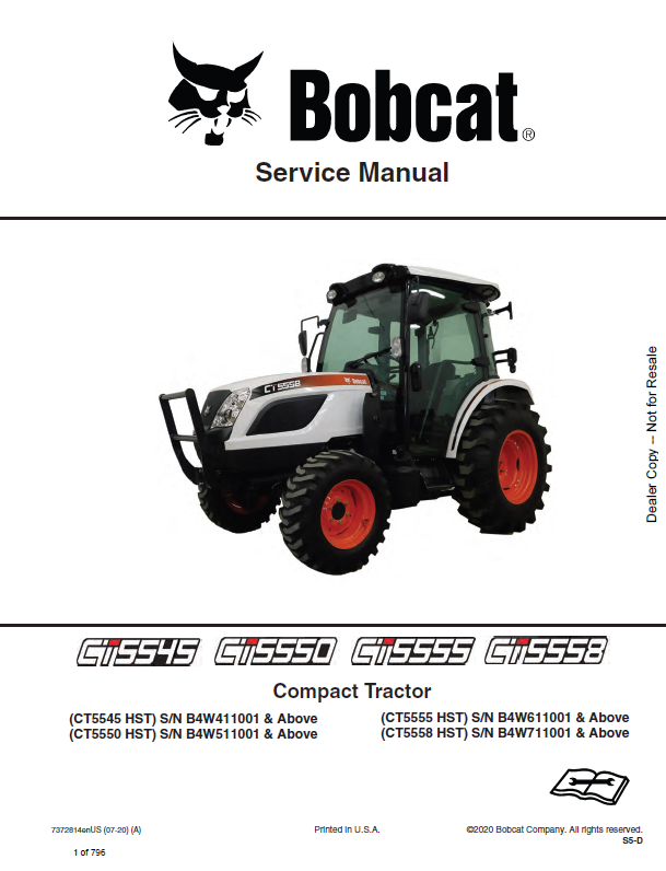 Bobcat CT5545 Compact Tractor Service Manual (7372814) (SN B4W411001-B4W499999)