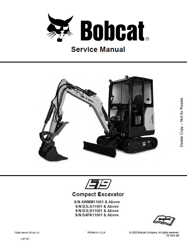 Bobcat E19 Excavator Service Manual (7255013) (SN B4PK11001-B4PK99999)