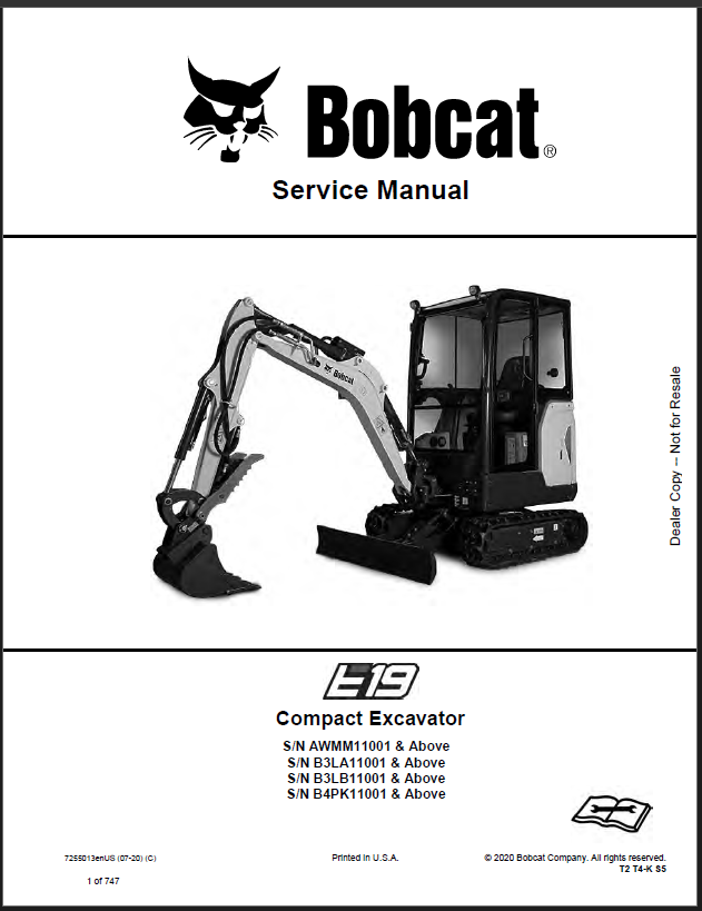 Bobcat E19 Excavator Service Manual (7255013) (SN B3LA11001-B3LA99999)