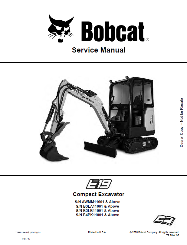 Bobcat E19 Excavator Service Manual (7255013) (SN AWMM11001-AWMM99999)