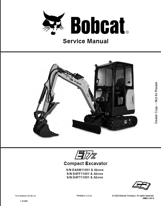 Bobcat E17z Excavator Service Manual (7314142) (SN B4AW11001-B4AW99999)