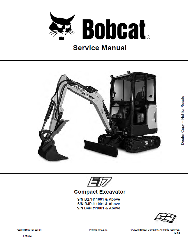 Bobcat E17 Excavator Service Manual (7255011) (SN B27H11001-B27H99999)