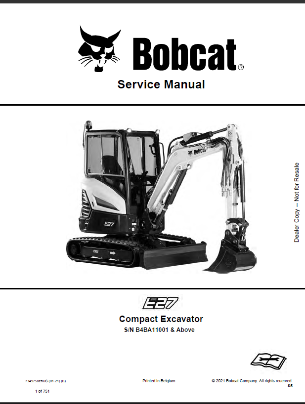 Bobcat E27 Excavator Service Manual (7349758) (SN B4BA11001-B4BA99999)