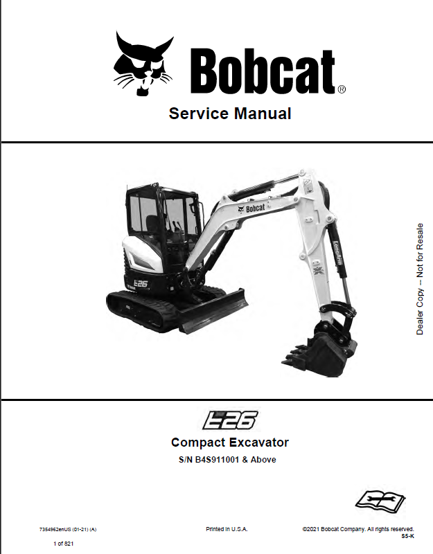 Bobcat E26 Excavator Service Manual (7354962) (SN B4S911001-B4S999999)