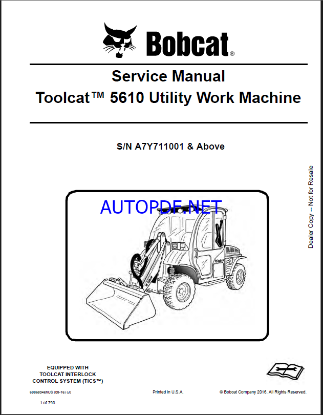 Bobcat 5610 Toolcat™ Utility Work Machine Service Manual (6986804) (SN A7Y711001-A7Y799999)