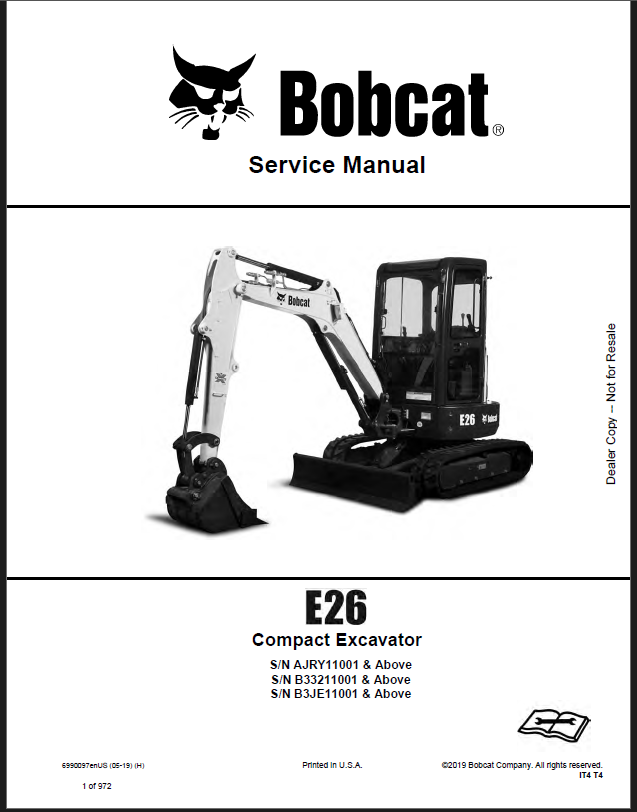 Bobcat E26 Excavator Service Manual (6990097) (SN B33211001-B33299999)