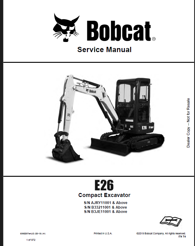 Bobcat E26 Excavator Service Manual (6990097) (SN B3JE11001-B3JE99999)