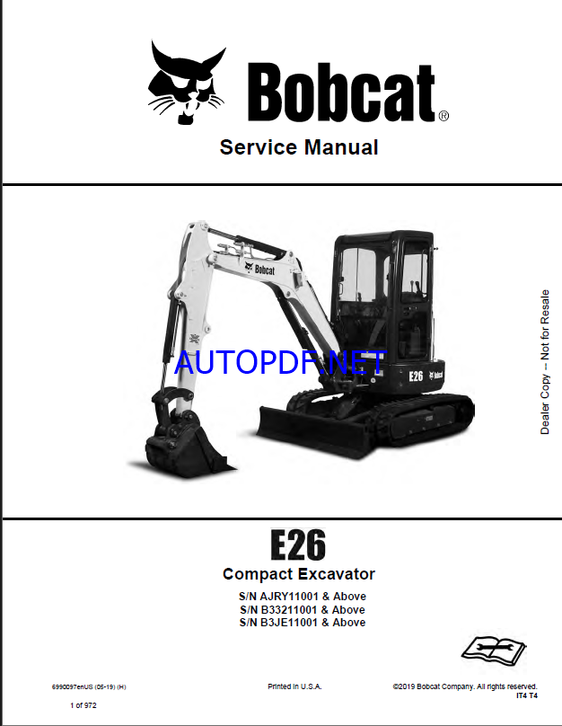 Bobcat E26 Excavator Service Manual (6990097) (SN AJRY11001-AJRY99999)