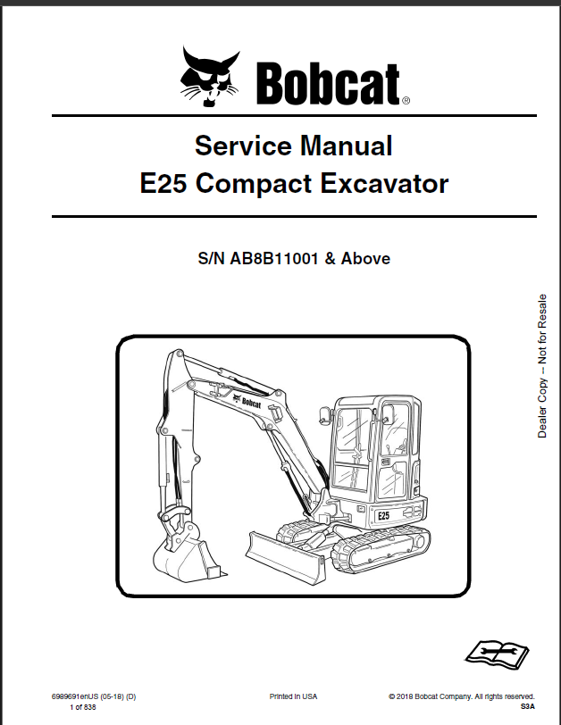 Bobcat E25 Excavator Service Manual (6989691) (SN AB8B11001-AB8B99999)