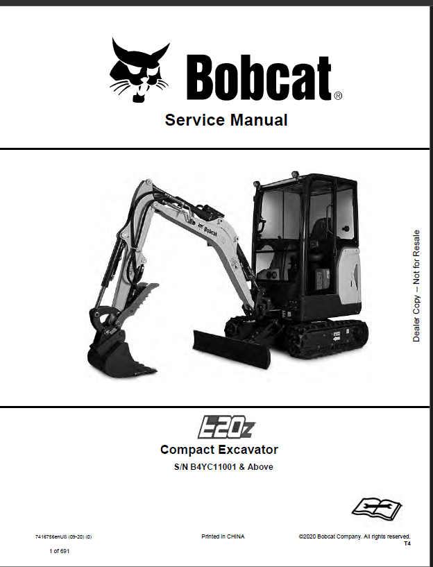 Bobcat E20z Excavator Service Manual (7416756) (SN B4YC11001-B4YC99999)