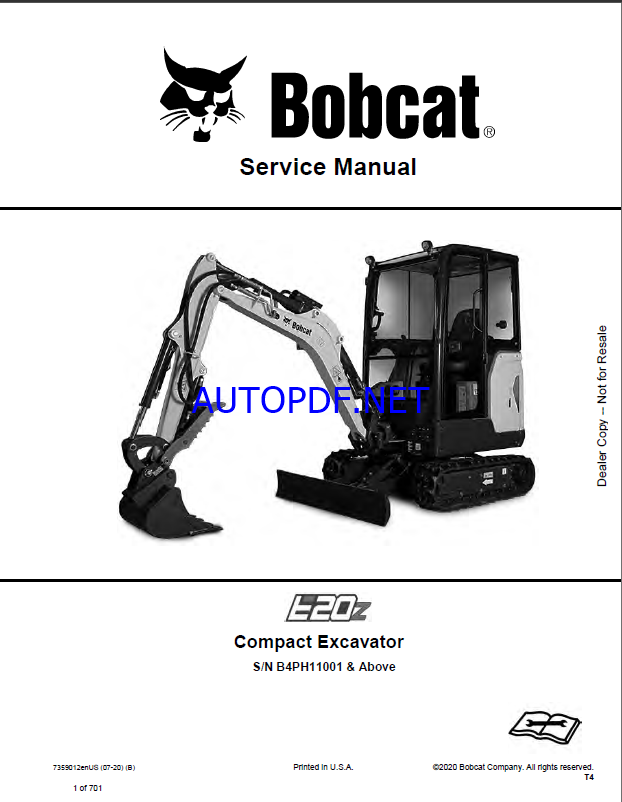Bobcat E20z Excavator Service Manual (7359012) (SN B4PH11001-B4PH99999)