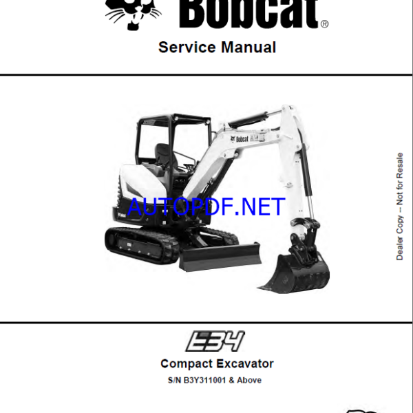 Bobcat E34 Excavator Service Manual (7362447) (SN B3Y311001-B3Y399999)