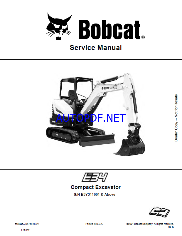 Bobcat E34 Excavator Service Manual (7362447) (SN B3Y311001-B3Y399999)