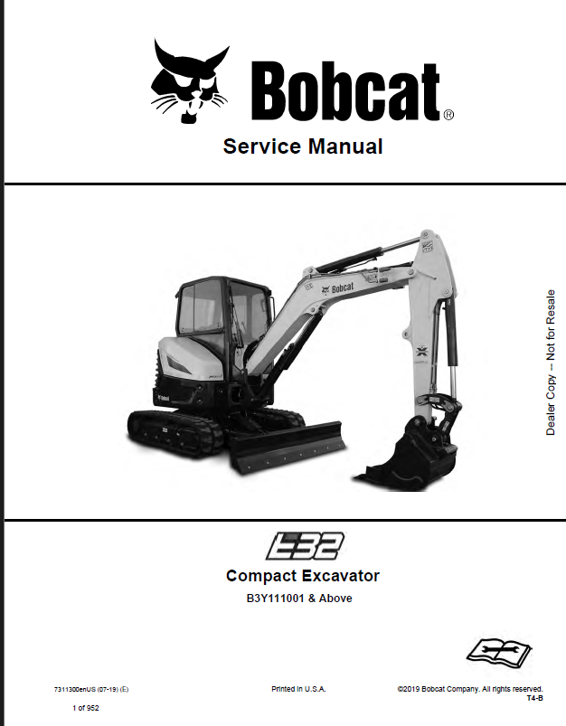 Bobcat E32 Excavator Service Manual (7311300) (SN B3Y111001-B3Y199999)
