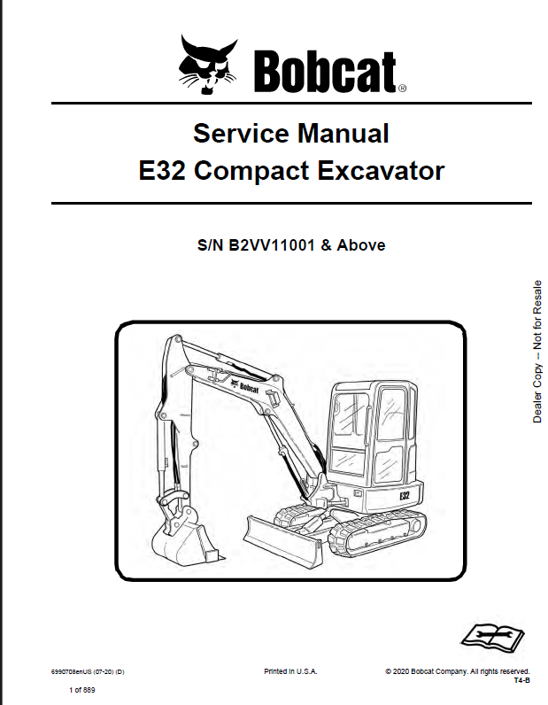 Bobcat E32 Excavator Service Manual (6990708) (SN B2VV11001-B2VV99999)