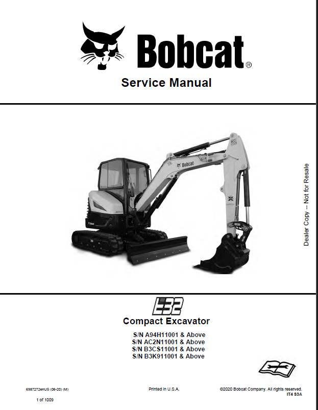 Bobcat E32 Excavator Service Manual (6987272) (SN B3K911001-B3K999999)