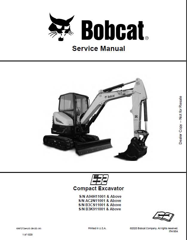 Bobcat E32 Excavator Service Manual (6987272) (SN B3CS11001-B3CS99999)
