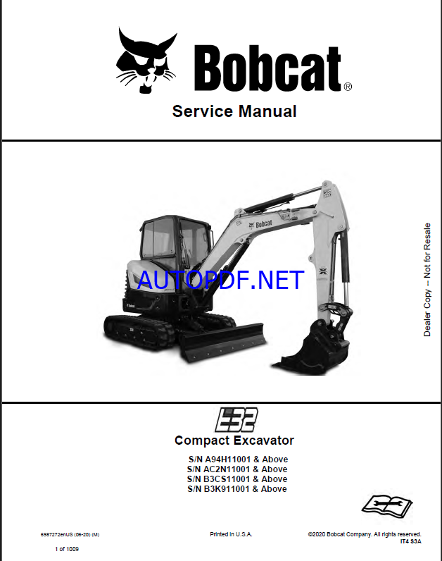 Bobcat E32 Excavator Service Manual (6987272) (SN A94H11001-A94H99999)