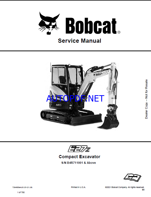 Bobcat E27z Excavator Service Manual (7354905) (SN B4R711001-B4R799999)