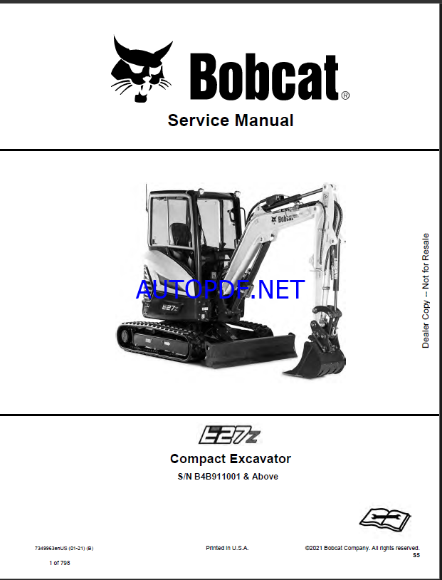 Bobcat E27z Excavator Service Manual (7349963) (SN B4B911001-B4B999999)