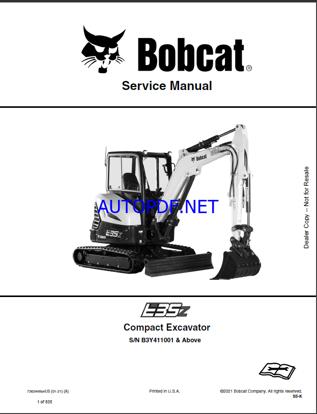 Bobcat E35z Excavator Service Manual (7362448) (SN B3Y411001-B3Y499999)