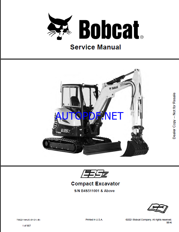 Bobcat E35z Excavator Service Manual (7362211) (SN B4S511001-B4S599999)