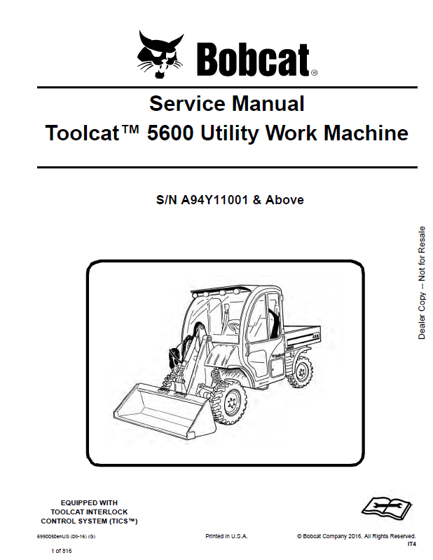 Bobcat 5600 Toolcat™ Utility Work Machine Service Manual (6990050) (SN A94Y11001-A94Y99999)
