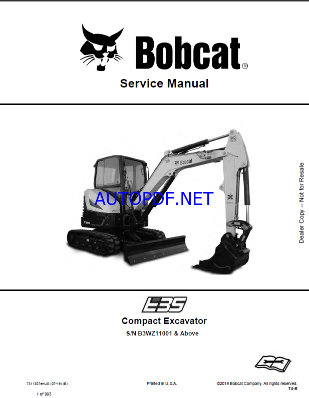 Bobcat E35 Excavator Service Manual (7311307) (SN B3WZ11001-B3WZ99999)