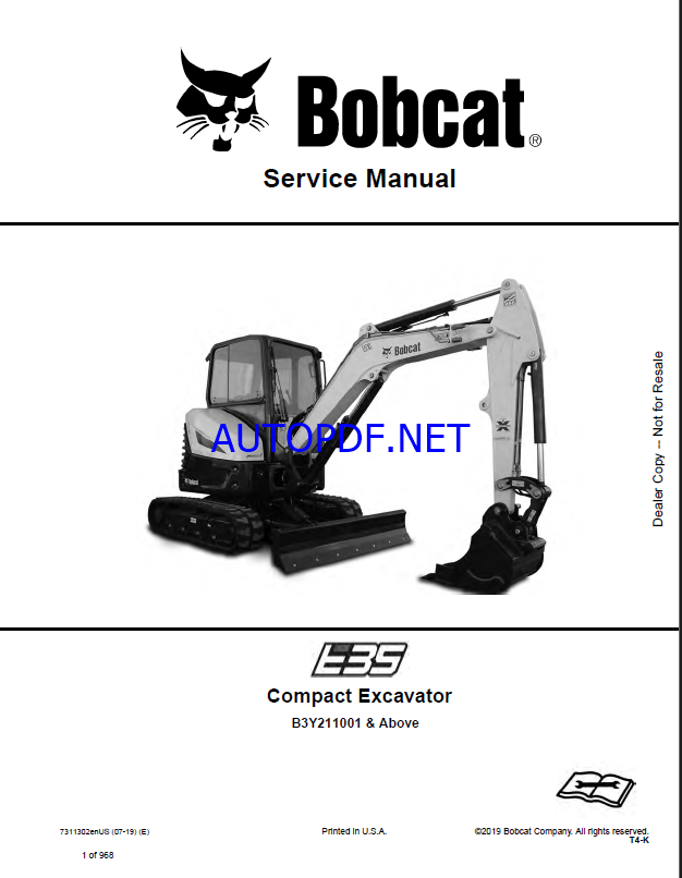 Bobcat E35 Excavator Service Manual (7311302) (SN B3Y211001-B3Y299999)