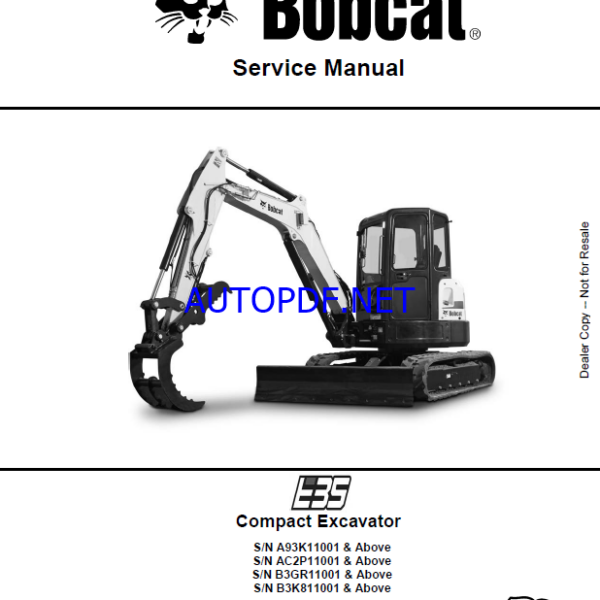Bobcat E35 Excavator Service Manual (6987276) (SN B3GR11001-B3GR99999)