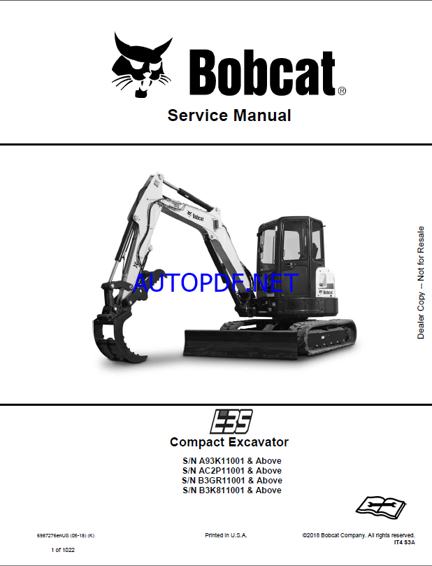 Bobcat E35 Excavator Service Manual (6987276) (SN B3GR11001-B3GR99999)