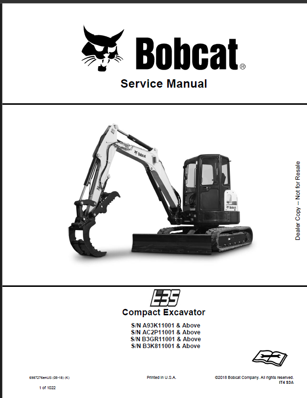 Bobcat E35 Excavator Service Manual (6987276) (SN A93K11001-A93K99999)