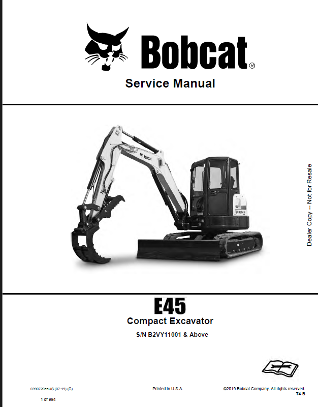 Bobcat E45 Excavator Service Manual (6990720) (SN B2VY11001-B2VY99999)