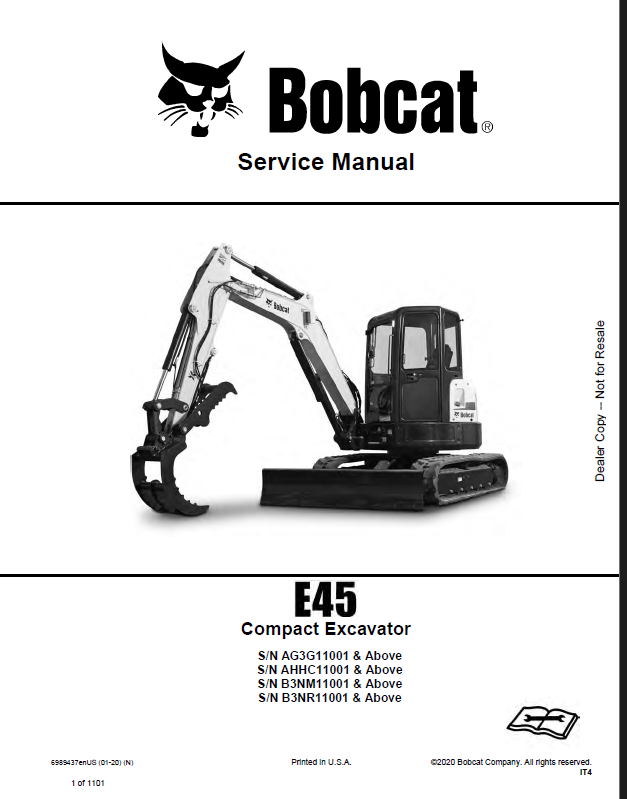 Bobcat E45 Excavator Service Manual (6989437) (SN B3NR11001-B3NR99999)