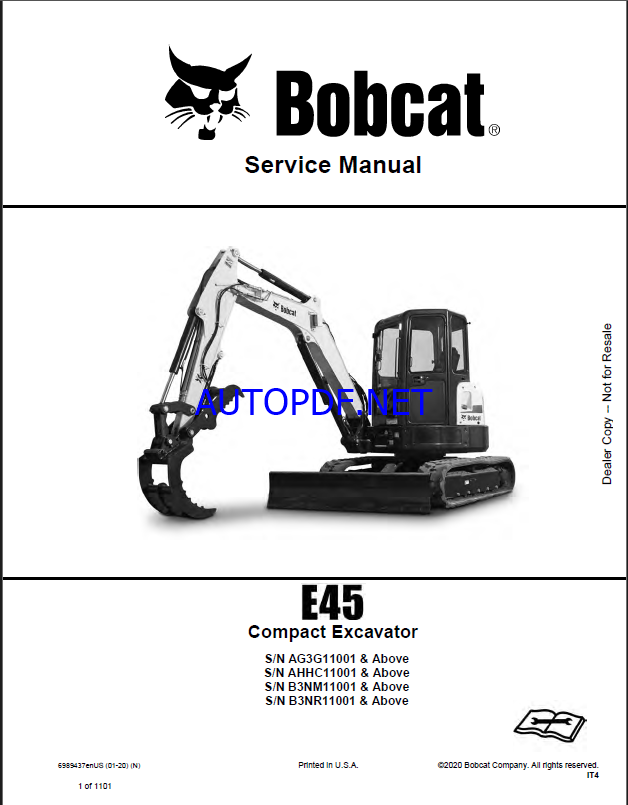 Bobcat E45 Excavator Service Manual (6989437) (SN AHHC11001-AHHC99999)
