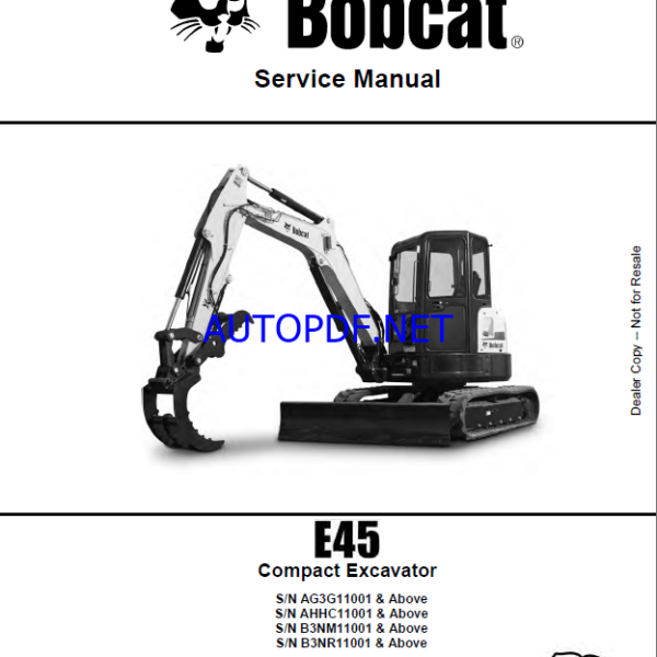 Bobcat E45 Excavator Service Manual (6989437) (SN AG3G11001-AG3G99999)