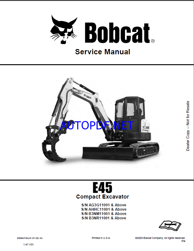Bobcat E45 Excavator Service Manual (6989437) (SN AG3G11001-AG3G99999)