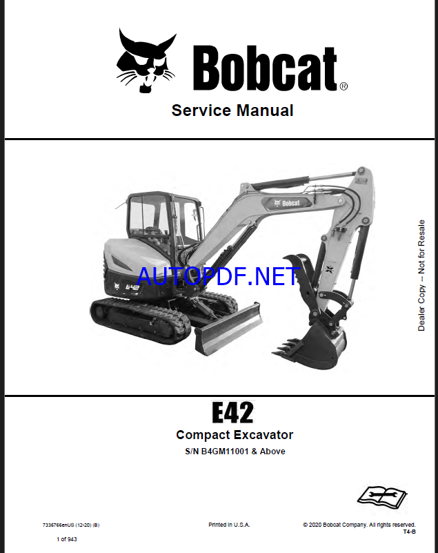 Bobcat E42 Excavator Service Manual (7336766) (SN B4GM11001-B4GM99999)