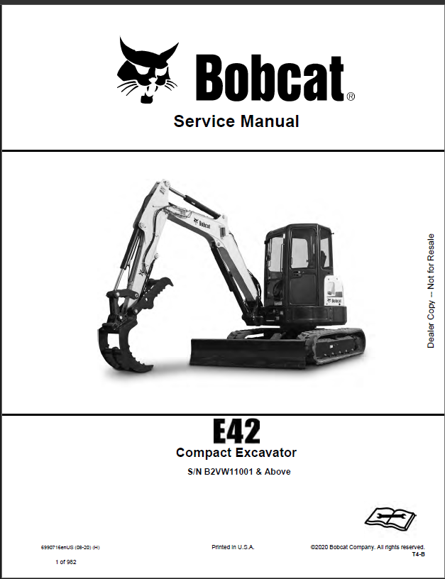 Bobcat E42 Excavator Service Manual (6990716) (SN B2VW11001-B2VW99999)