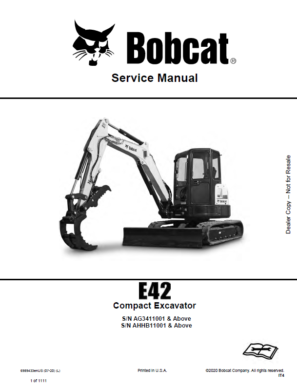 Bobcat E42 Excavator Service Manual (6989433) (SN AG3411001-AG3499999)