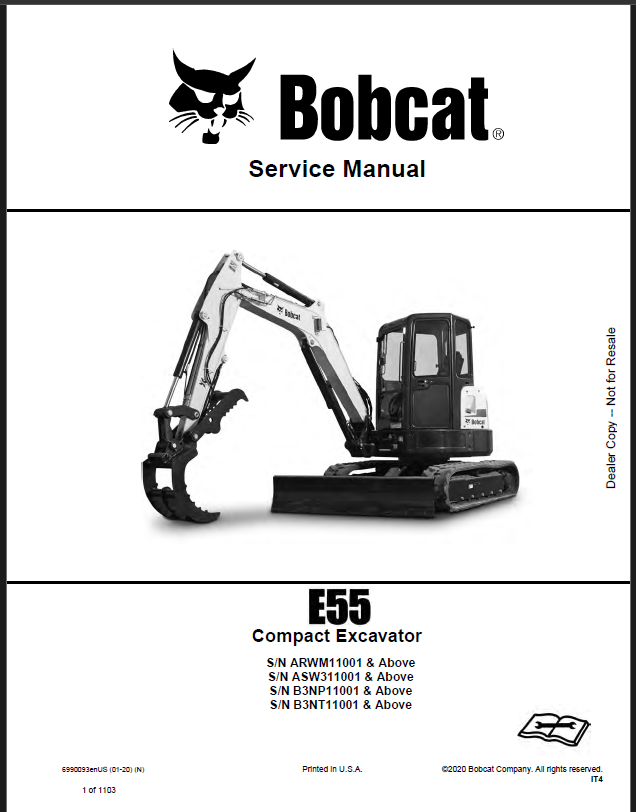 Bobcat E55 Excavator Service Manual (6990093) (SN B3NT11001-B3NT99999)