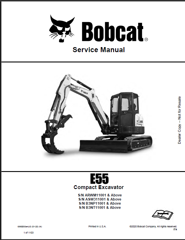 Bobcat E55 Excavator Service Manual (6990093) (SN B3NP11001-B3NP99999)