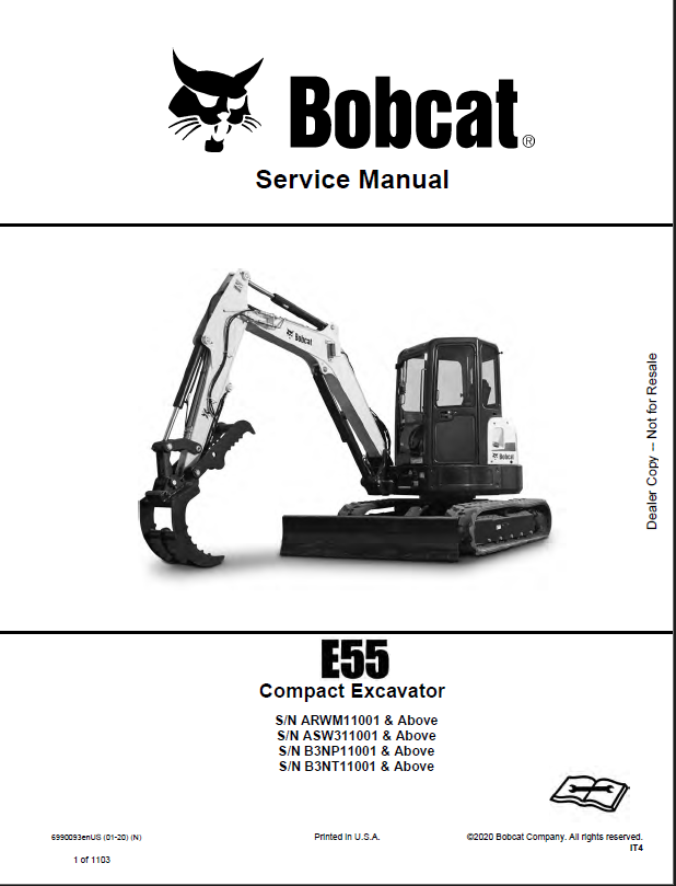 Bobcat E50 Excavator Service Manual (7336771) (SN B4GP11001-B4GP99999)