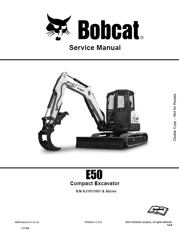 Bobcat E50 Excavator Service Manual (6990724) (SN AJ1811001-AJ1899999)