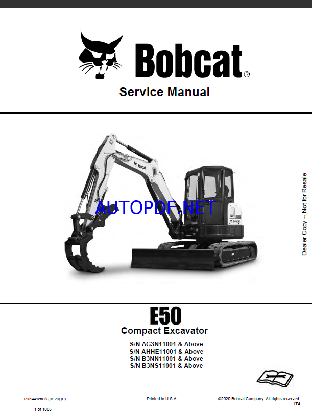 Bobcat E50 Excavator Service Manual (6989441) (SN AG3N11001-AG3N99999)