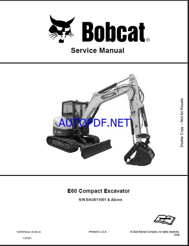 Bobcat E60 Excavator Service Manual (7407587) (SN B4GR11001-B4GR99999)