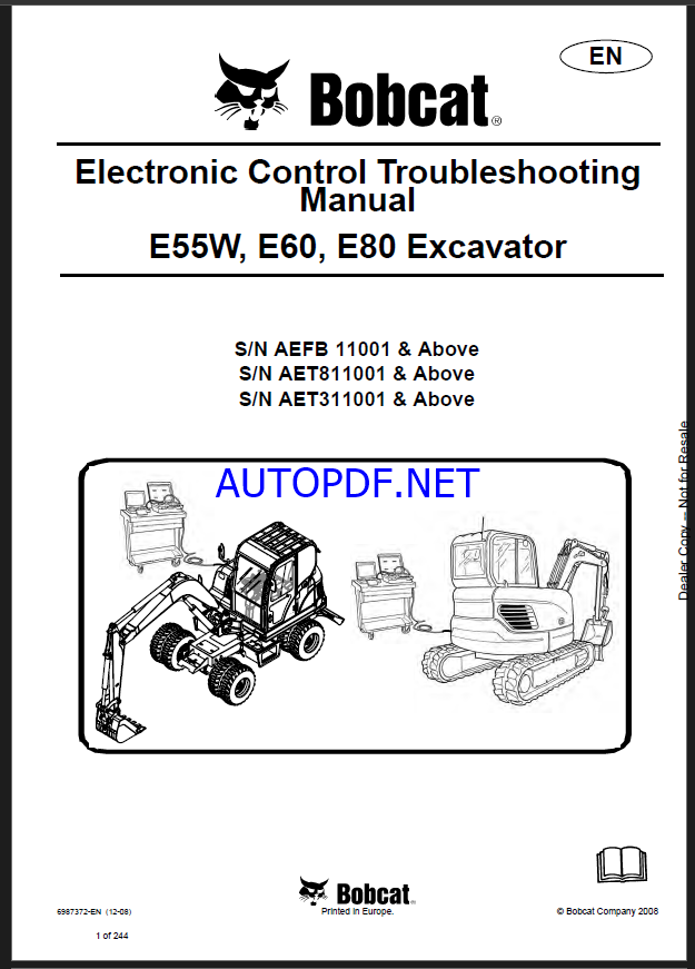 Bobcat E60 Excavator Service Manual (6987372) (SN AET811001-AET899999)