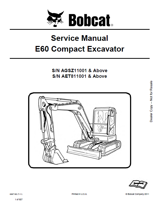 Bobcat E60 Excavator Service Manual (6987190) (SN AGSZ11001-AGSZ99999)