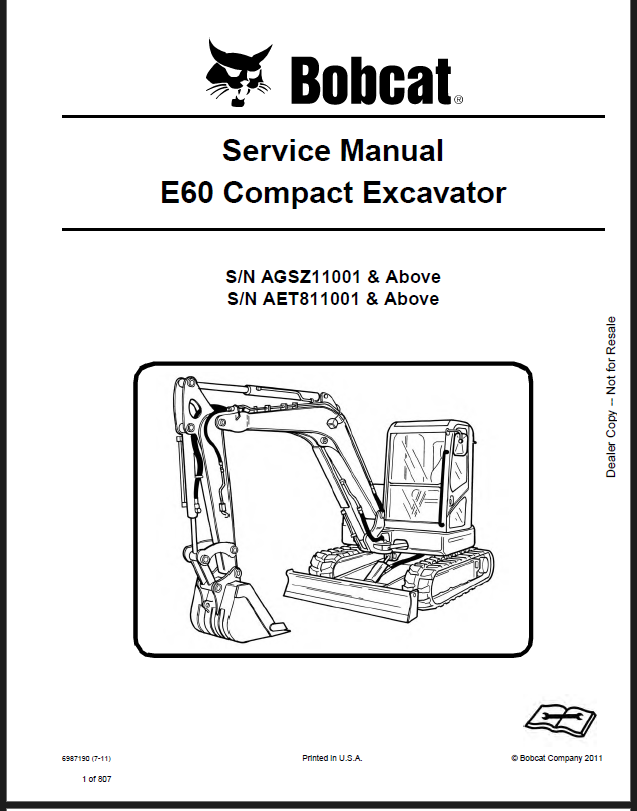 Bobcat E60 Excavator Service Manual (6987190) (SN AET811001-AET899999)