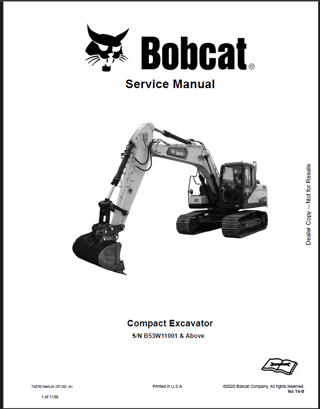 Bobcat E165 Excavator Service Manual (7407615) (SN B53W11001-B53W99999)